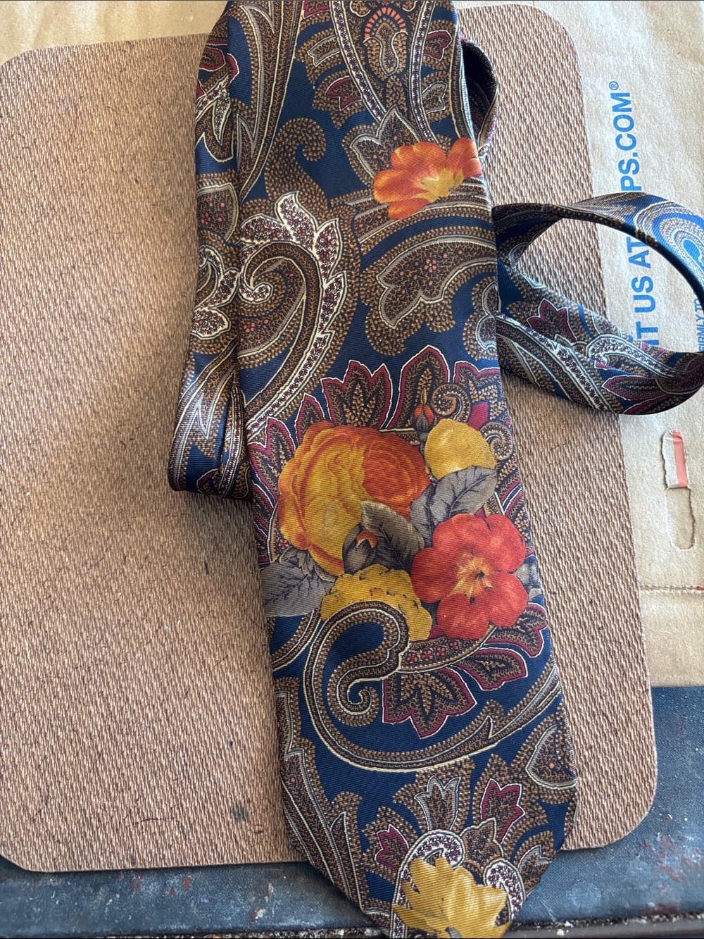 Bill Blass Silk Navy Paisley Tie with Rust and Gold Floral Accents